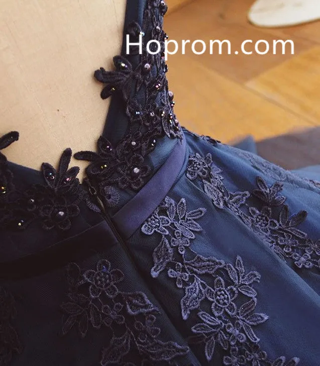 Appique Beading Homecoming Dress, Navy Blue Strapless Prom Dress