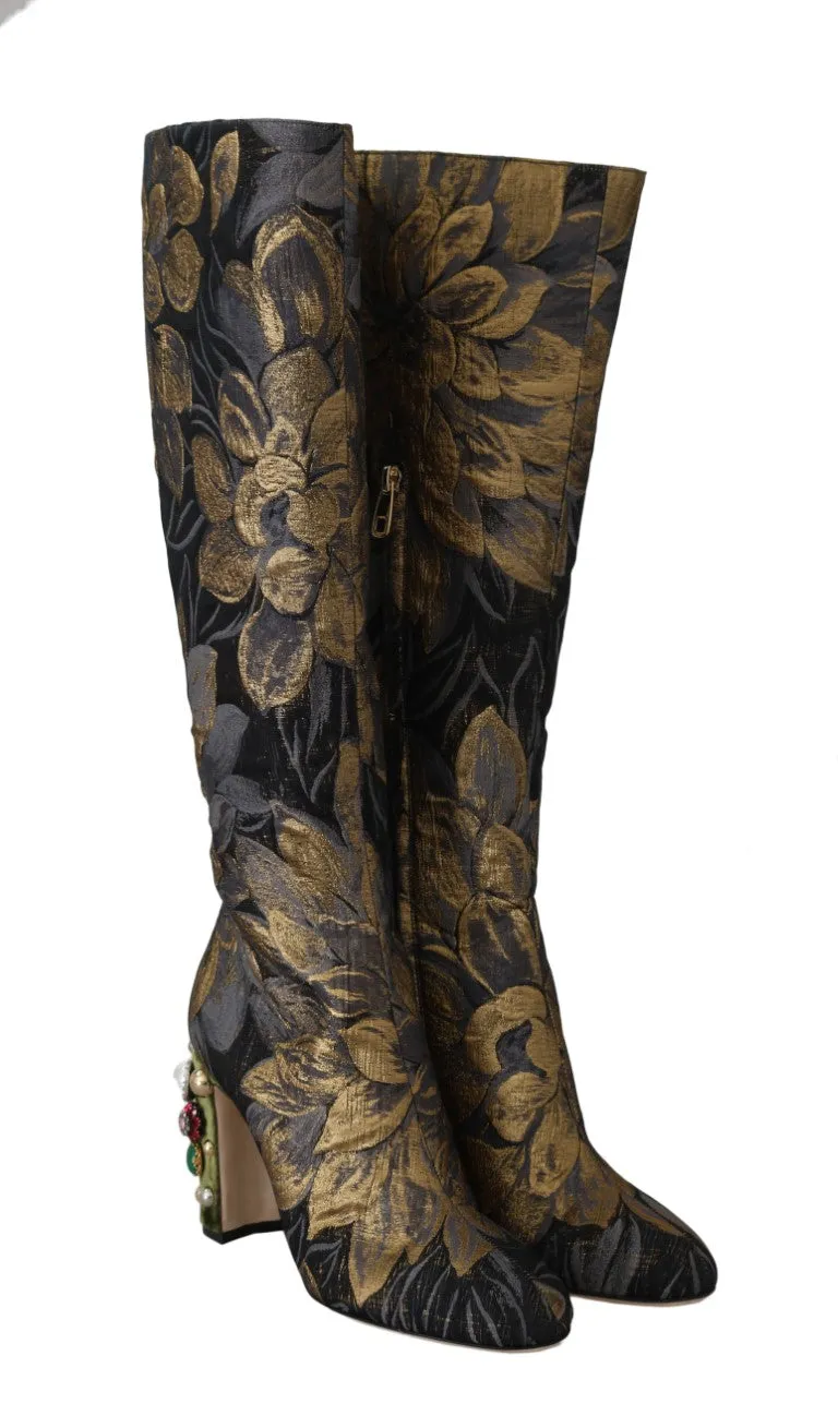 Gold Jacquard High Knee Boots